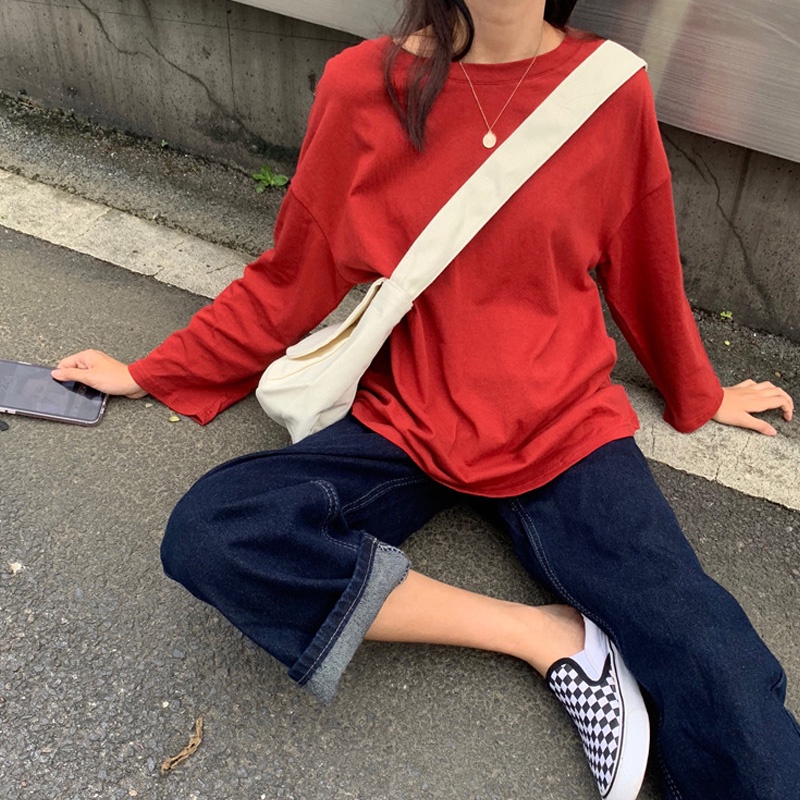 Áo Thun Nữ Dài Tay Cổ Tròn Màu Trơn Phong Cách Hàn Quốc Mới