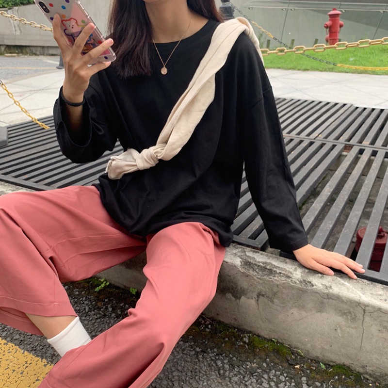 Áo Thun Nữ Dài Tay Cổ Tròn Màu Trơn Phong Cách Hàn Quốc Mới