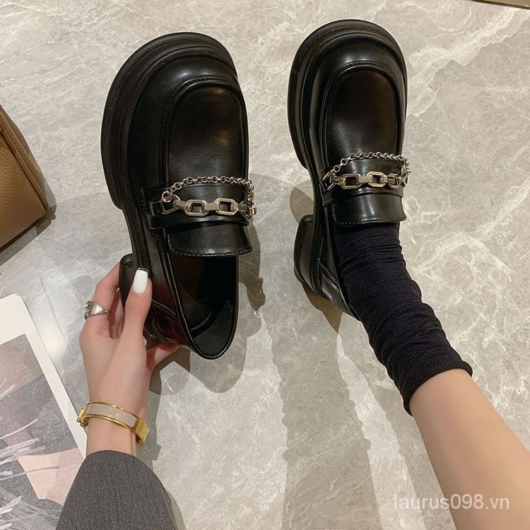 Giày mary jane 2023 Gót Vừa Mũi Tròn Chất Liệu Cao Su pu Dày Dặn 3-5cm