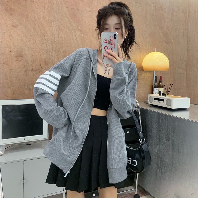 Áo Khoác Hoodie Mỏng Dáng Rộng Màu Xám Có Khóa Kéo Phong Cách Hàn Quốc Thời Trang Xuân Thu Hàng Mới 2022