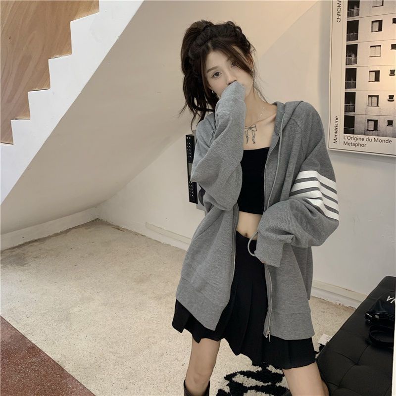 Áo Khoác Hoodie Mỏng Dáng Rộng Màu Xám Có Khóa Kéo Phong Cách Hàn Quốc Thời Trang Xuân Thu Hàng Mới 2022