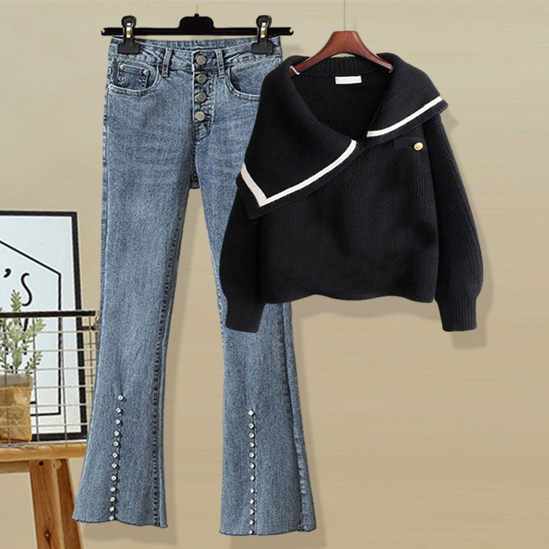 Plus Bộ Áo sweater Dệt Kim Ôm Dáng Phối Quần Jean Dài Thời Trang Thu Đông 2023 Cho Phụ Nữ Trung Niên [0825]