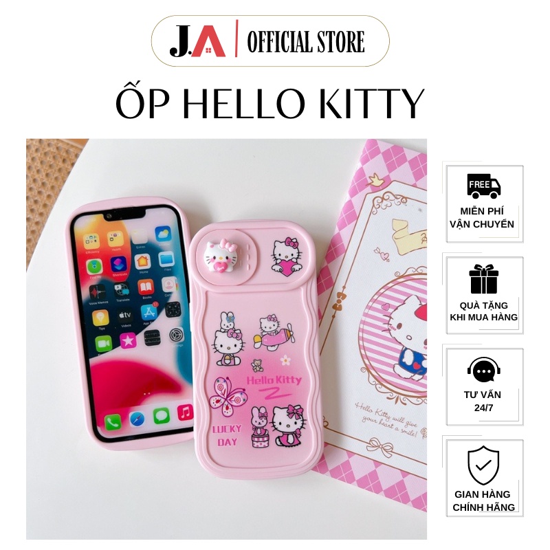 Ốp Lưng Điện Thoại TPU Hello Kitty 3D Nắp Trượt Bảo Vệ Ống Kính Máy Ảnh Cho iPhone 11 tới 14 Promax 