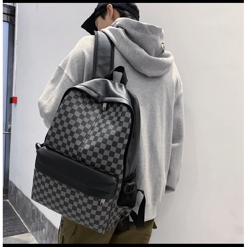 Ba Lô Da Họa Tiết Sọc Caro Phong Cách Âu Mỹ Thời Trang Đường Phố Cho Nam Và Nữ