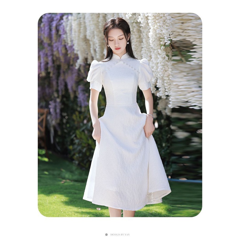 Đứng Sườn Xám Ngắn Tay Phong Cách Pháp Thanh Lịch Cho Nữ