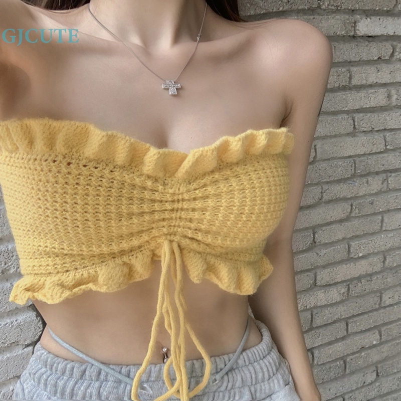 Gjcute Áo Ống Croptop Len Không Tay Co Giãn Hở Vai Gợi Cảm Cho Nữ wtd