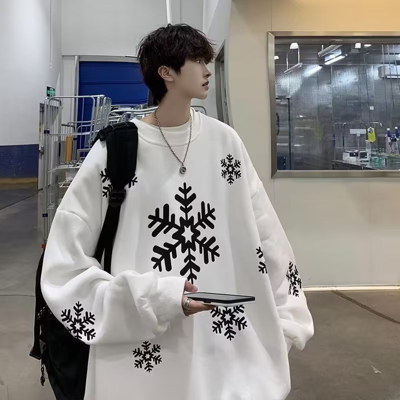 Áo sweater Cổ Tròn Tay Dài Dáng Rộng In Hình Bông Tuyết Thời Trang Mùa Thu 2023 Mới Phong Cách Hàn Quốc Cho Nam