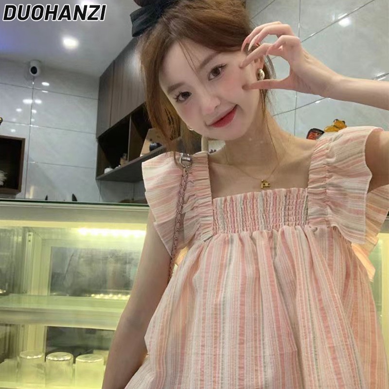 Bộ Đầm Cổ Vuông Tay Xếp Ly Họa Tiết Kẻ Sọc Phong Cách Pháp Thời Trang Cho Nữ
