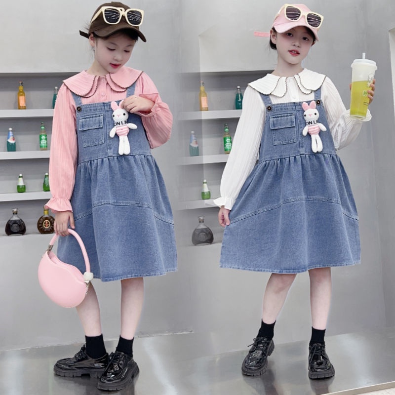 Bộ Áo Thun Tay Dài Kèm Váy Yếm denim 2 Món Thời Trang Hàn Quốc Dành Cho Bé Gái