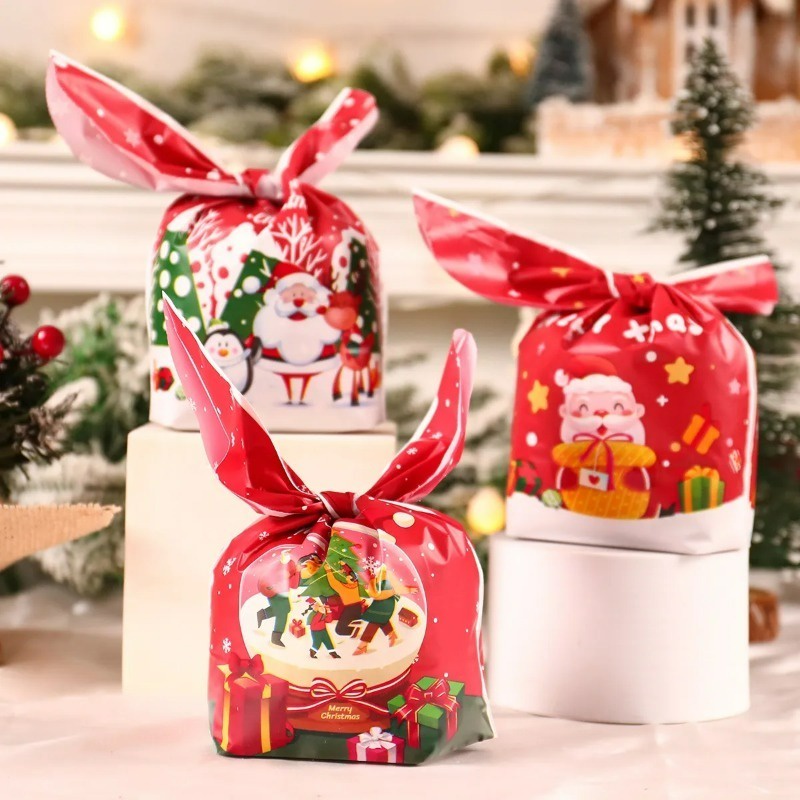 Set 10 / 50 Túi Nhựa Đựng Kẹo Giáng Sinh Hình Tai Thỏ Hoạt Hình Ông Già Noel Người Tuyết / Ông Già Noel