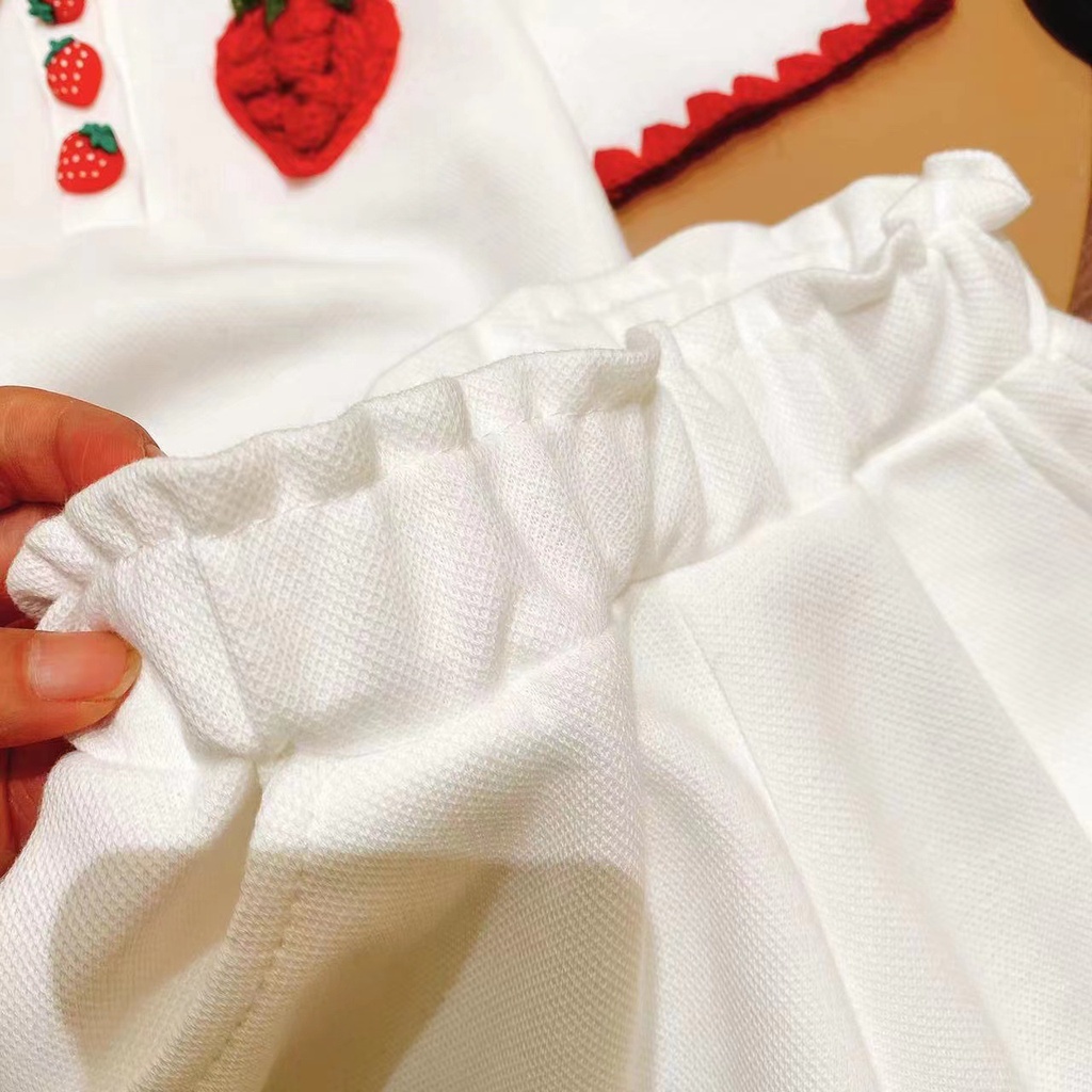 Set Áo Thun polo Tay Ngắn Màu Trơn In Hình Dâu Tây Dễ Thương Phong Cách Hàn Quốc Thời Trang Mùa Hè Cho Bé Gái