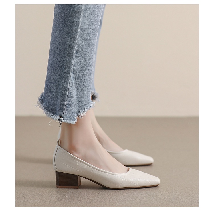Giày Cao Gót 4cm Da Mềm Mũi Vuông Miệng Nông Kiểu retro Pháp Thời Trang Mùa Xuân 2023