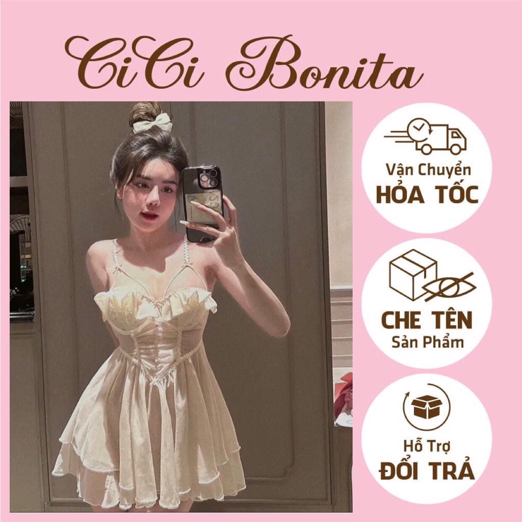 Váy ngủ ren cao cấp viền bèo dáng xòe CV114 CICI BONITA HCM