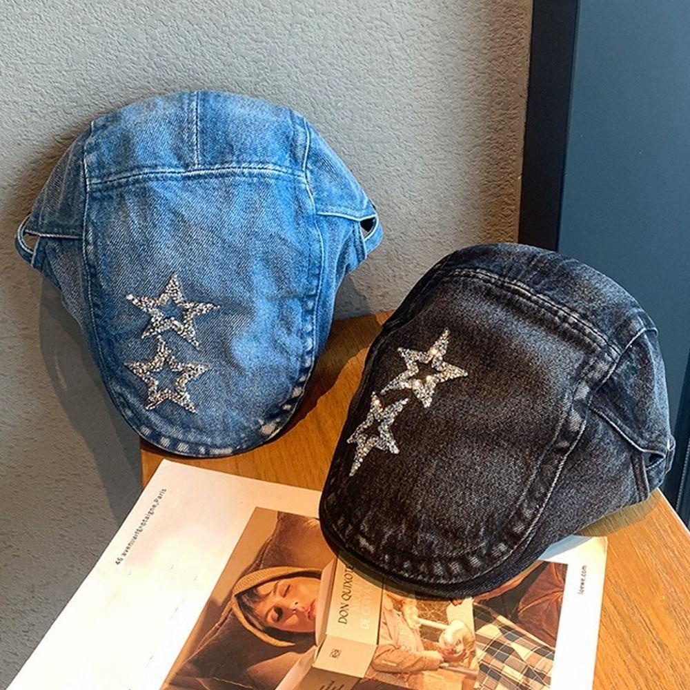 Ellaub Mũ beret Vải denim Họa Sĩ Thời Trang Đường Phố Hàn Quốc