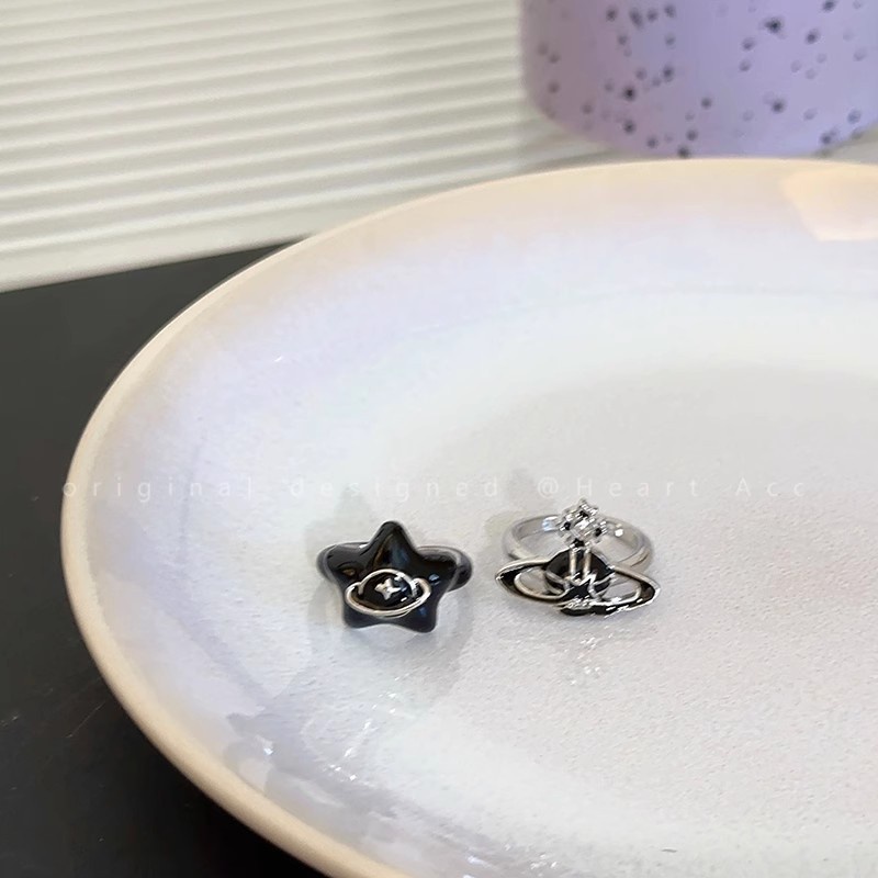 Nhẫn Hở Mạ Vàng 2K Đính Đá zircon Hình Hành Tinh Màu Đen Có Thể Điều Chỉnh