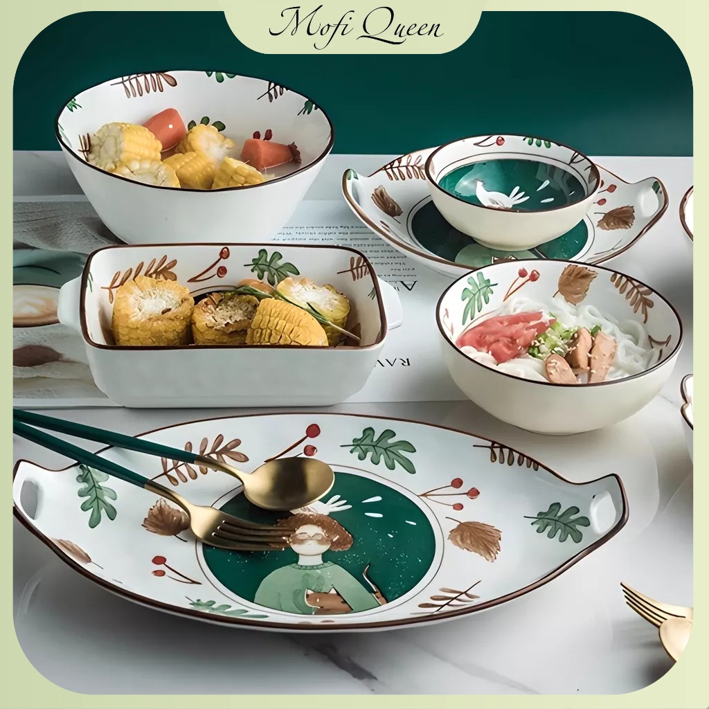 Bộ bát đĩa, chén cao cáp, Bát Đĩa sứ, decor, trang trí rừng xanh trắng dễ thương cute cao cấp