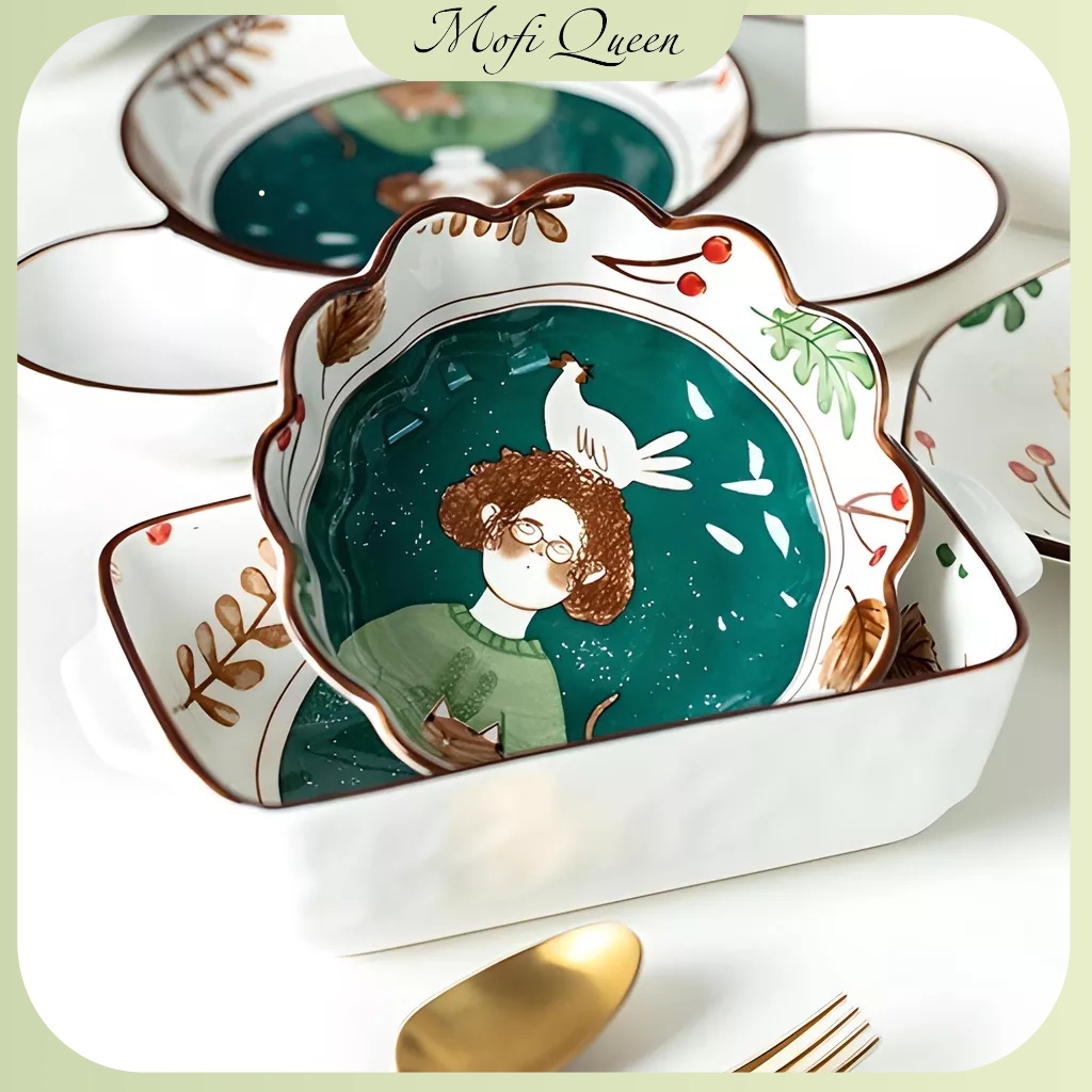Bộ bát đĩa, chén cao cáp, Bát Đĩa sứ, decor, trang trí rừng xanh trắng dễ thương cute cao cấp
