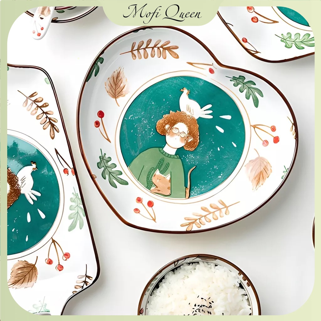 Bộ bát đĩa, chén cao cáp, Bát Đĩa sứ, decor, trang trí rừng xanh trắng dễ thương cute cao cấp
