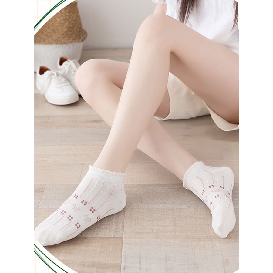 Vớ Thuyền Vải cotton Ren Mỏng Thoáng Khí Miệng Nông Kiểu lolita Nhật Bản Dễ Thương