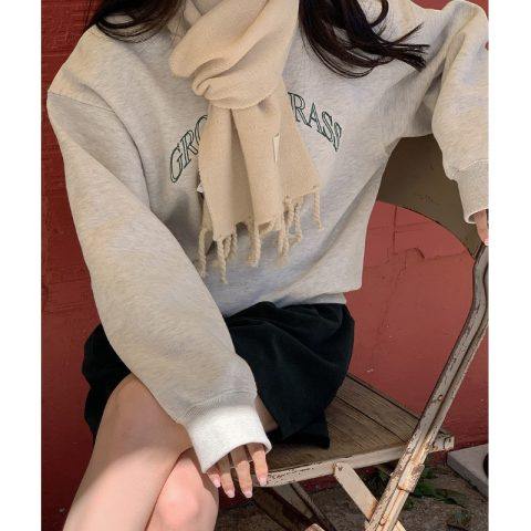 Velvet/thin pullover round neck sweater female student salt loose top autumn and winter coat lazy style MC decoration L7NO