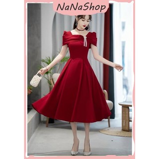 Đầm váy nữ dài tay có đính đá thời trang dạ hội, Đầm váy maxi dự tiệc ngắn tay có kèm phụ kiện đính đá lộng lẫy dáng xòe