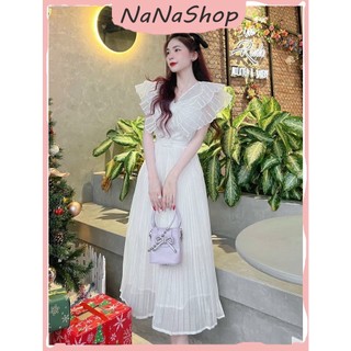 [New Sales 2024] Váy đầm dập ly cao cấp họa tiết bướm dự tiệc, Đầm xòe dập ly cổ cách dáng phồng quyến rũ siểu cổ tích
