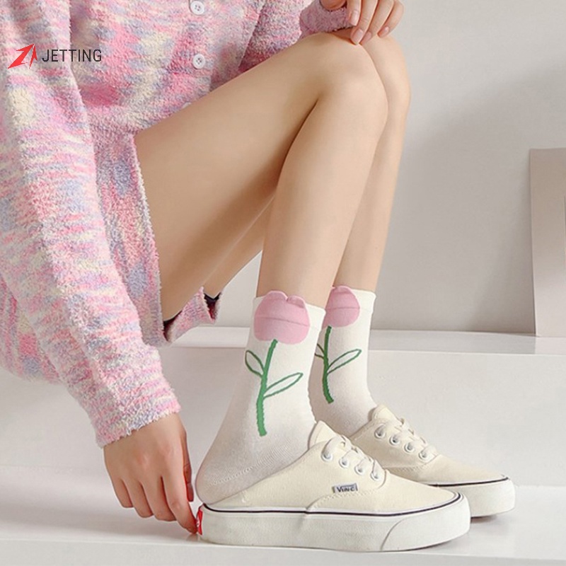 1 Đôi Vớ Cổ Trung Thoáng Khí In Họa Tiết Hoạt Hình Dễ Thương Cho Nữ