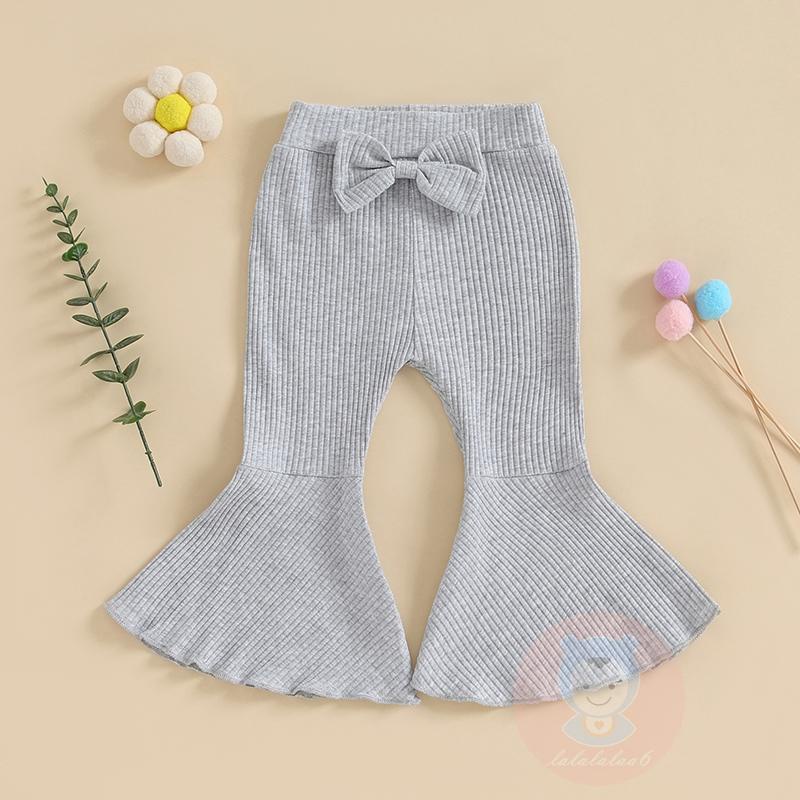 Laa6-quần Ống Loe Co Giãn Màu Trơn Có Gân Và Nơ Cho Bé Gái