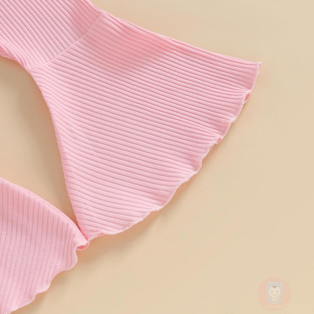 Laa6-quần Ống Loe Co Giãn Màu Trơn Có Gân Và Nơ Cho Bé Gái