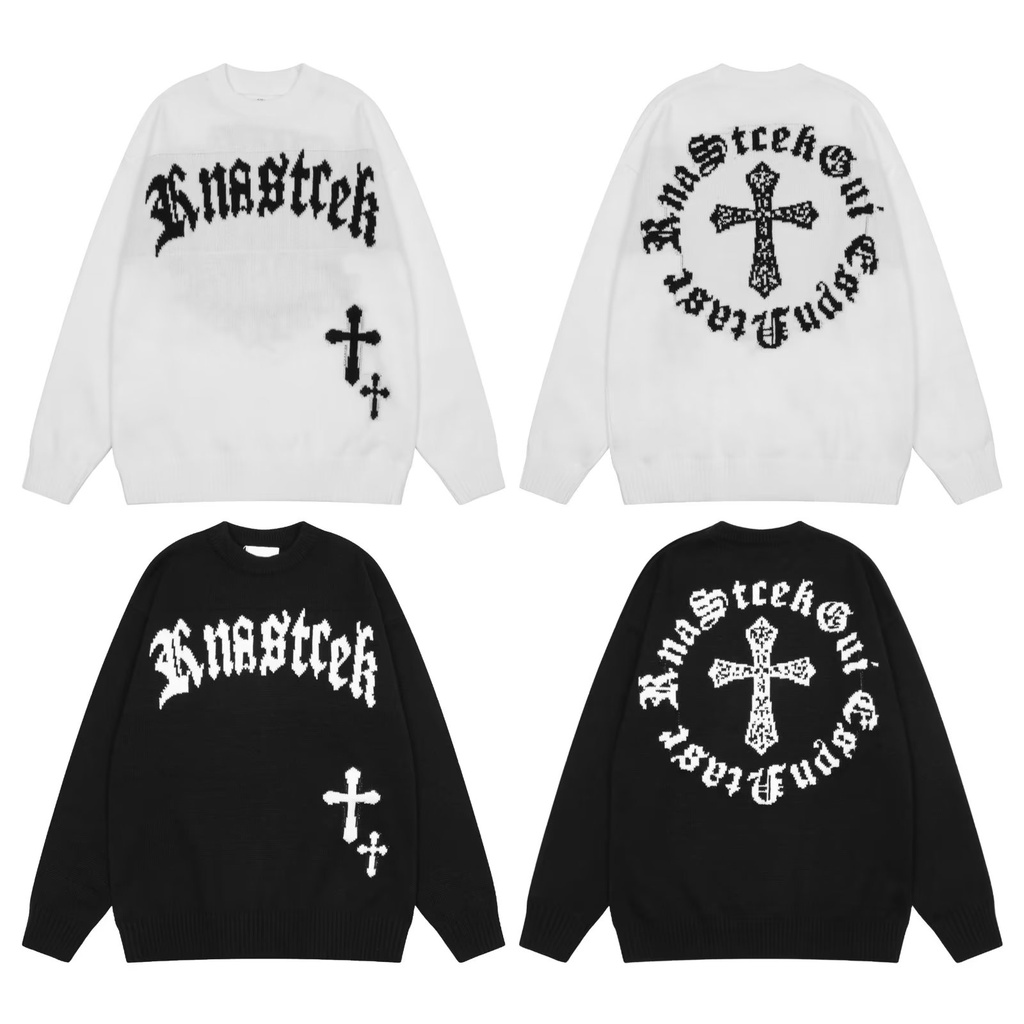 Áo sweater Dệt Kim Tay Dài Dáng Rộng In Chữ Thập Thời Trang Thu Đông Mỹ 2023 Cho Cặp Đôi