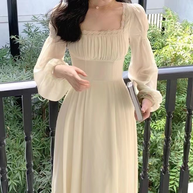 Đầm Chữ a Mỏng Tay Dài Cổ Vuông Màu Trơn Phong Cách Pháp Thời Trang Cho Nữ
