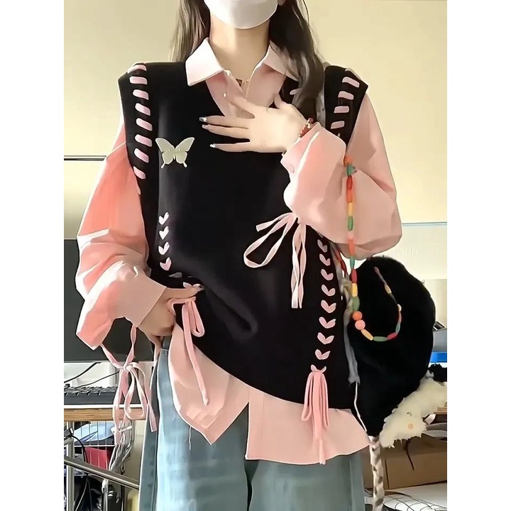 Set Áo Sơ Mi Tay Dài + Áo Len Không Tay Dễ Thương Cho Nữ