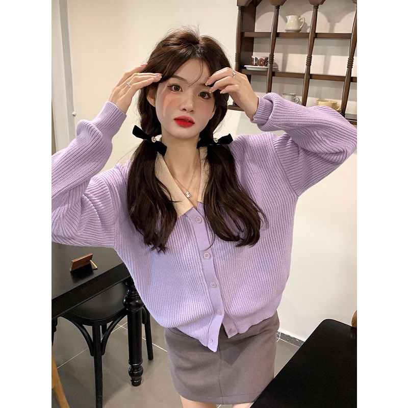 Áo Khoác sweater Dệt Kim Mềm Dáng Rộng Màu Tím Phong Cách Hàn Quốc Thời Trang Xuân Thu Cho Nữ Thẻ