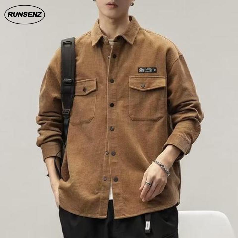 Áo Khoác Sơ Mi Tay Dài Dáng Rộng Vải Nhung Dày Thời Trang Thu Đông Cho Nam