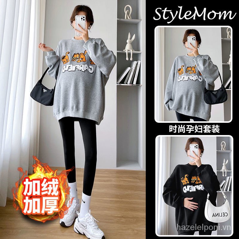 Set Áo Nỉ Dài Tay Có Thể Mặc Ngoài + Quần Dài Dáng Rộng Thời Trang Thu Đông Cho Phụ Nữ Mang Thai