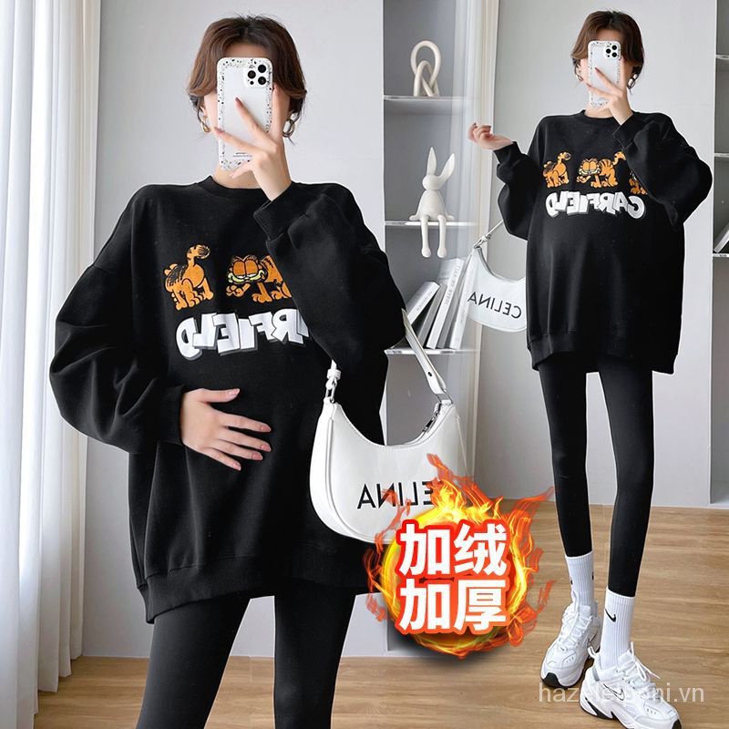 Set Áo Nỉ Dài Tay Có Thể Mặc Ngoài + Quần Dài Dáng Rộng Thời Trang Thu Đông Cho Phụ Nữ Mang Thai