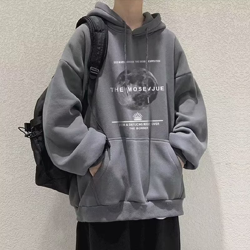 Áo hoodie Tay Dài Dáng Rộng In Hình Mặt Trăng plus size Phong Cách Hàn Quốc Cho Nam