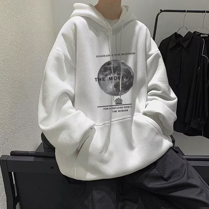 Áo hoodie Tay Dài Dáng Rộng In Hình Mặt Trăng plus size Phong Cách Hàn Quốc Cho Nam