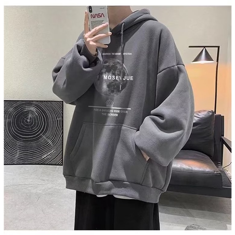 Áo hoodie Tay Dài Dáng Rộng In Hình Mặt Trăng plus size Phong Cách Hàn Quốc Cho Nam
