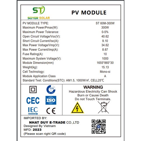 Tấm pin mặt trời Mono 300W SOYER SOLAR-HÃNG SOYER SOLAR CÔNG NGHỆ MỚI 11 BUSBARS  MỚI 100%