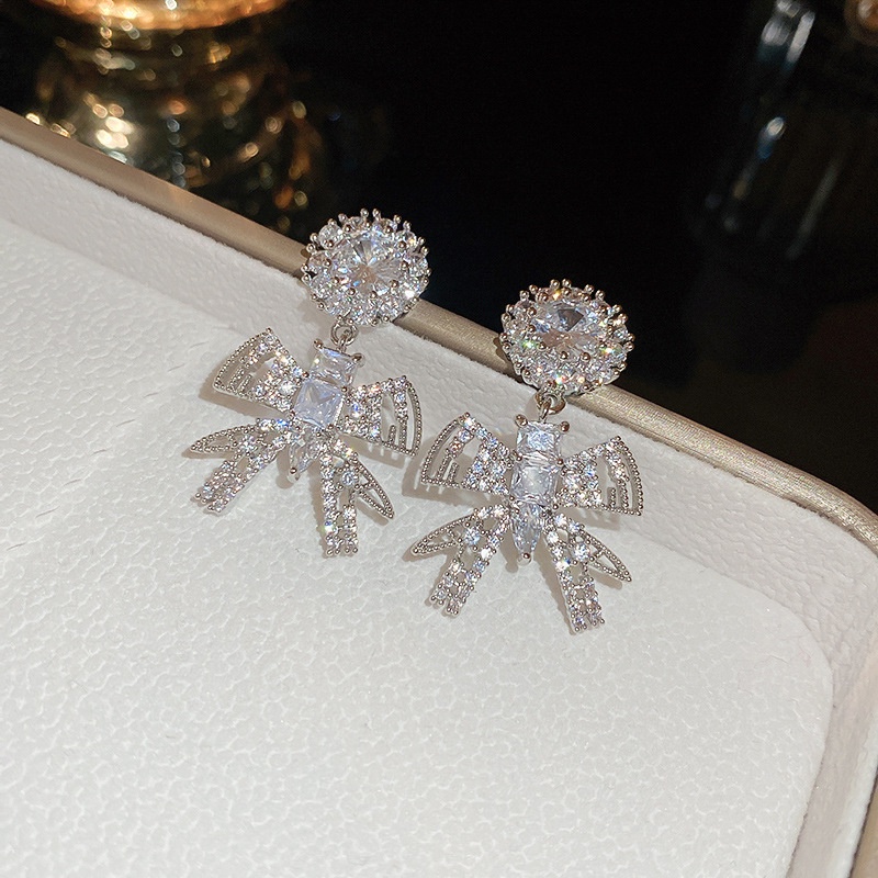 Bông Tai Mạ Bạc 925 Hình Nơ Đính Đá zircon Sang Trọng Phong Cách Hàn Quốc