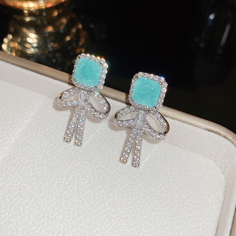 Bông Tai Mạ Bạc 925 Hình Nơ Đính Đá zircon Sang Trọng Phong Cách Hàn Quốc