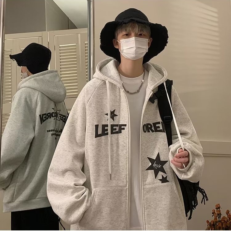 Áo Khoác hoodie Có Khóa Kéo In Chữ Và Ngôi Sao Thời Trang Hàn Quốc Cho Nam