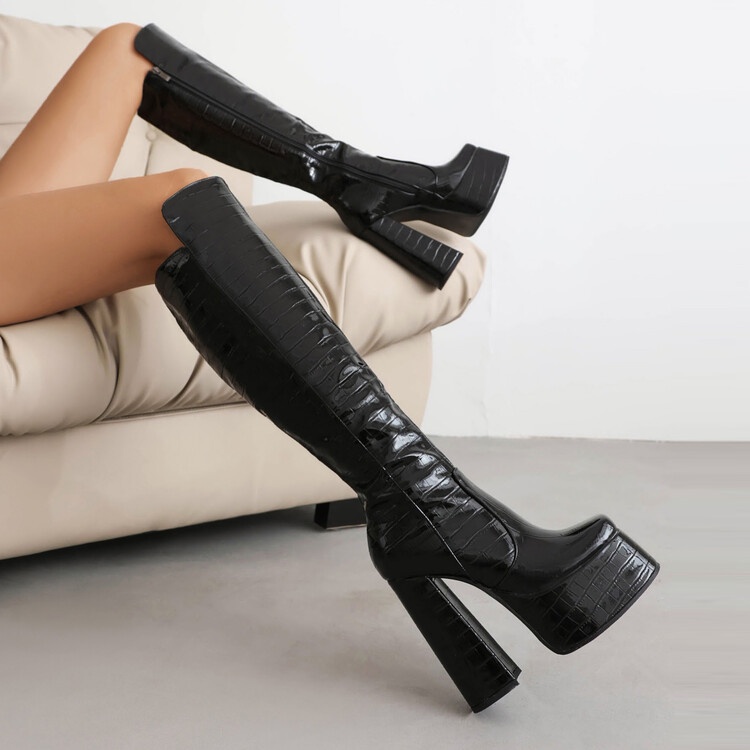 Giày Bốt Cao Gót Da Bóng Đế Dày Mũi Vuông Chống Thấm Nước Phong Cách Âu Mỹ size 34-43