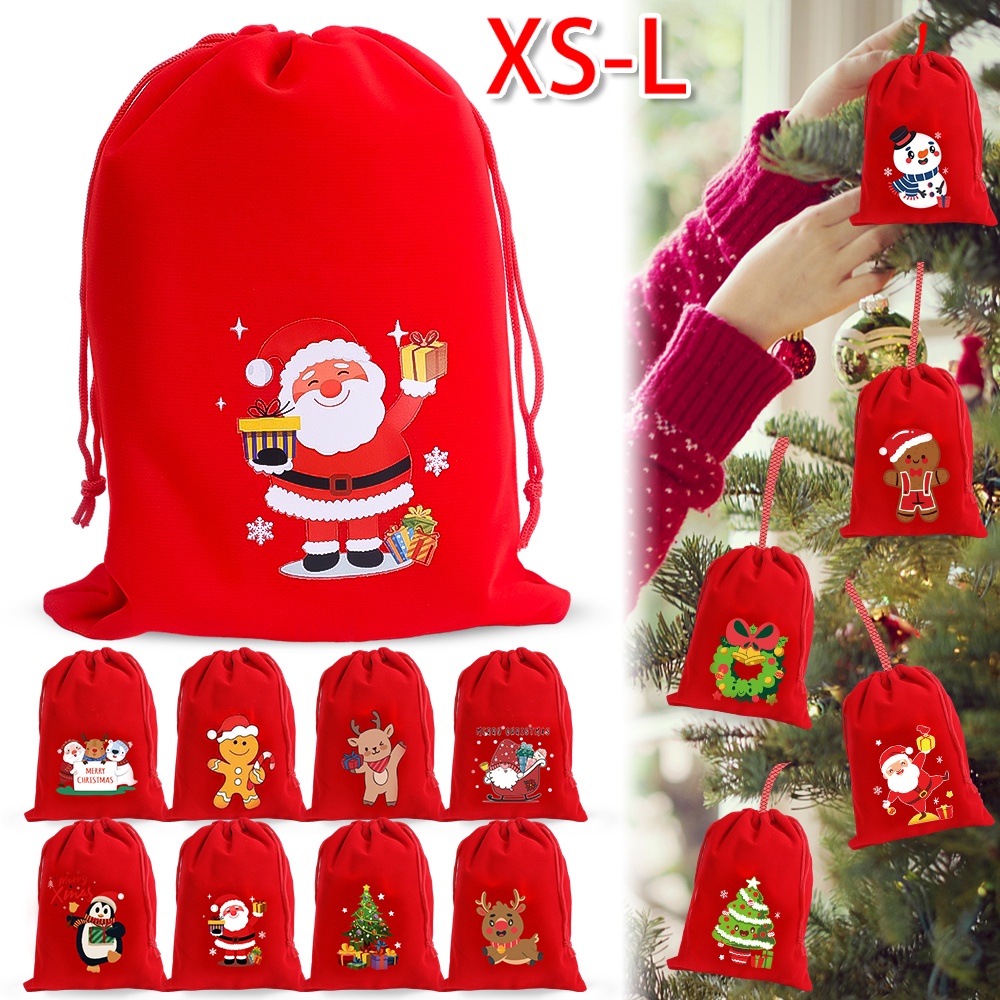 1 Túi Dây Rút Bằng Vải Nhung Đựng Quà Giáng Sinh / Kẹo / Đồ Ăn Vặt Hình Ông Già Noel / Nai Sừng Tấm