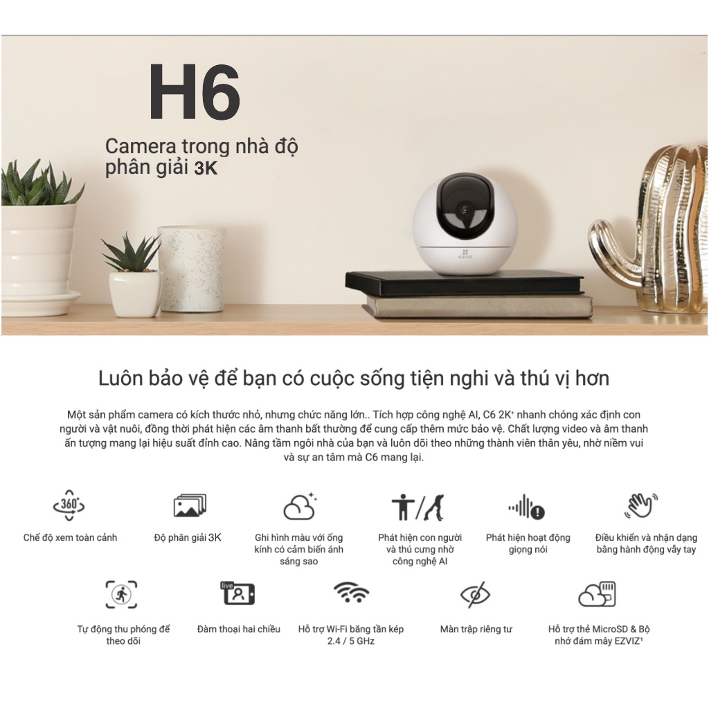 Camera Wifi trong nhà Ezviz H6 3K 5MP hồng ngoại 10m, đàm thoại 2 chiều, có chế độ riêng tư, wifi 2.4Ghz/5Ghz.