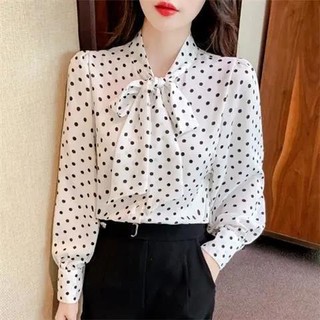 Áo sơ mi voan dáng rộng in họa tiết thắt nơ xinh xắn cho nữ