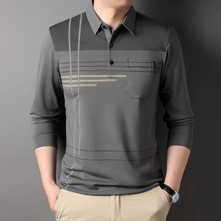 Áo Thun polo Mỏng Tay Dài Dáng Rộng Màu Trơn In Họa Tiết Kẻ Sọc Có Túi Trang Trí Dành Cho Bạn Nam