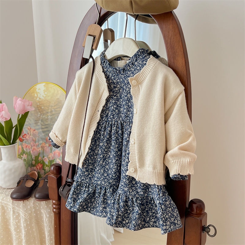 Bộ Áo Khoác cardigan + Chân Váy In Họa Tiết Hoa Phong Cách Phương Tây Thời Trang Xuân Thu Cho Bé Gái