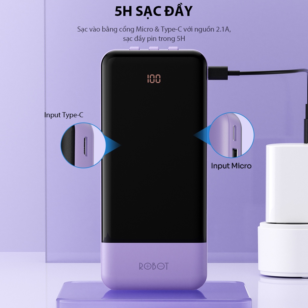 Pin Sạc Dự Phòng ROBOT RP-101L 10.000mAh Tích Hợp Dây Sạc - Chính Hãng